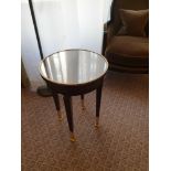 Circular Side Table With Antiqued Plate Top And Brass Trim Mounted On Tapering Legs With Brass