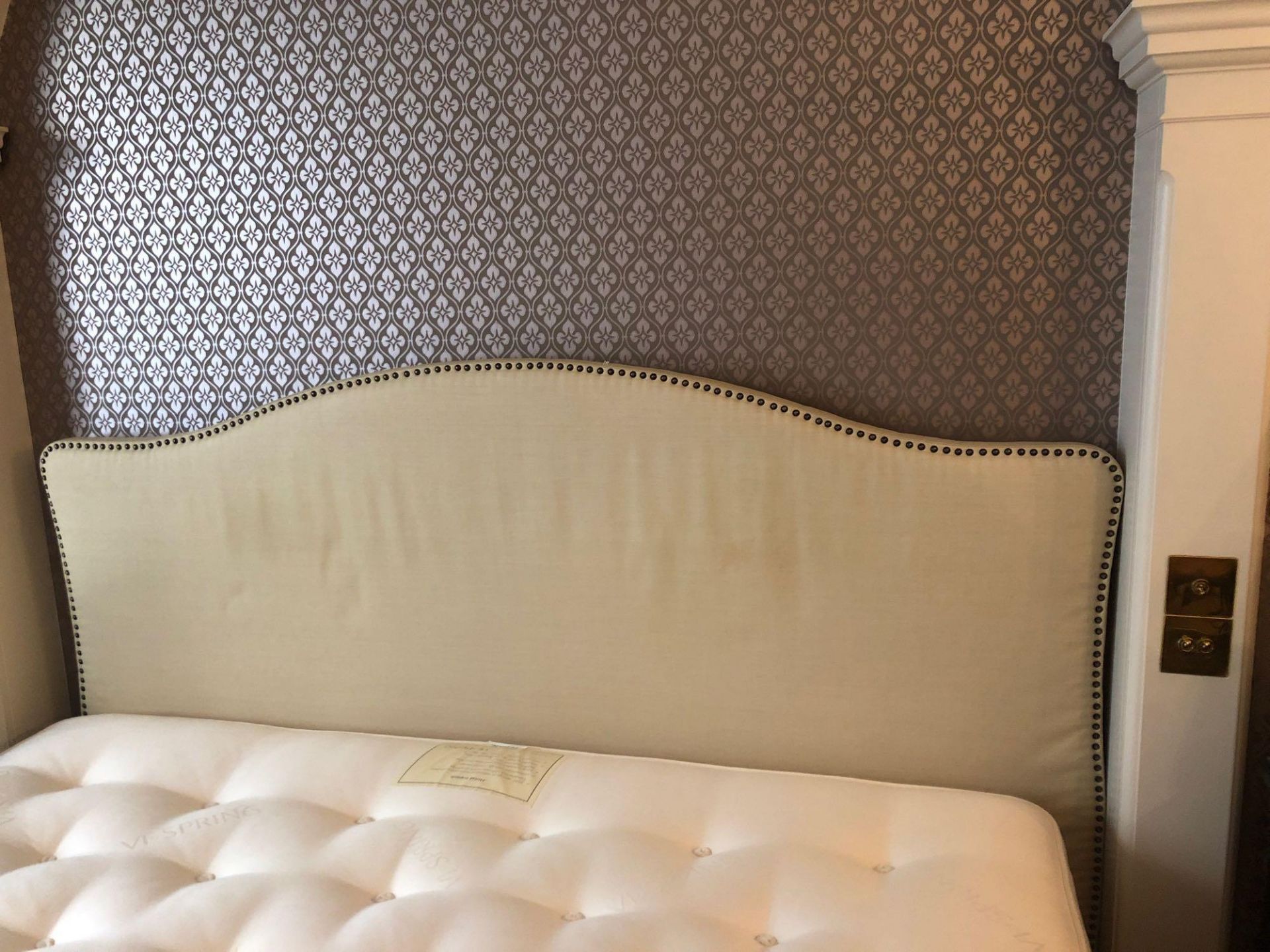 Headboard, Handcrafted With Nail Trim And Padded Textured Woven Upholstery ( Room 233)