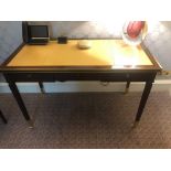 Writing Desk With Tooled Leather Inlay Faux Central Drawer Flanked By Single Drawer And Flap