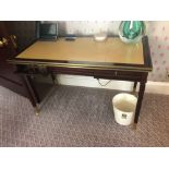 Writing Desk High Gloss Ebony Wood With Tooled Leather Inlay Faux Central Drawer Flanked By Single