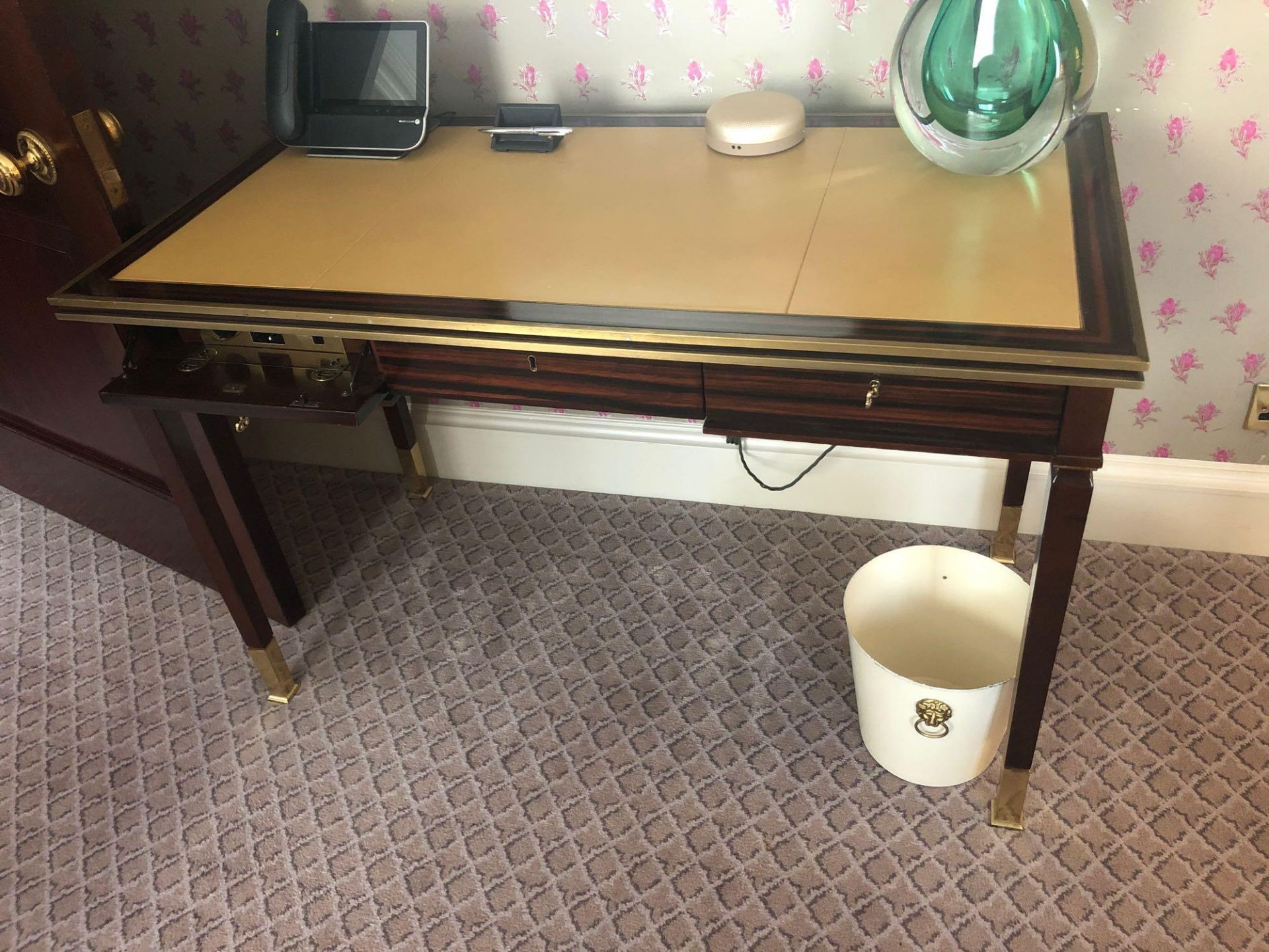 Writing Desk High Gloss Ebony Wood With Tooled Leather Inlay Faux Central Drawer Flanked By Single