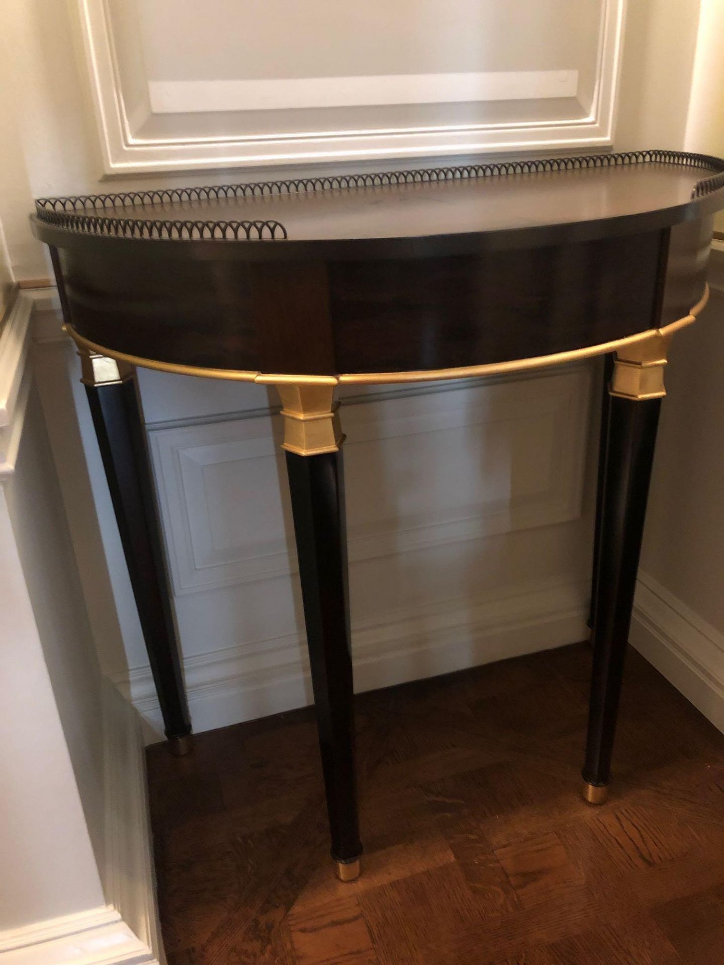 Demi Lune Console Table Wood And Gold With Tapered Legs And Bronze Feet 48 x 90 x 89cm (Room 206/7)