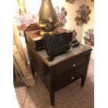 A Pair Of Two Tier Bedside Nightstands With Antiqued Plate Top With Storage Compartments Mounted