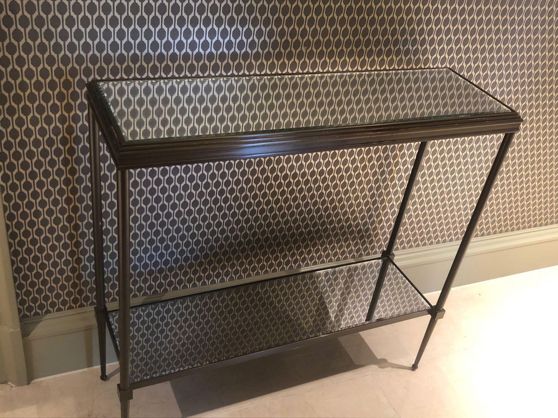 A Forged Metal Two Tier Console Table With Glass Shelves 88 x 24 x 74cm (Room 219)