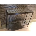 A Forged Metal Two Tier Console Table With Glass Shelves 88 x 24 x 74cm (Room 219)