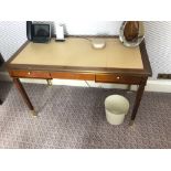 Writing Desk With Tooled Leather Inlay Faux Central Drawer Flanked By Single Drawer And Flap