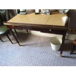 Writing Desk With Tooled Leather Inlay Faux Central Drawer Flanked By Single Drawer And Flap