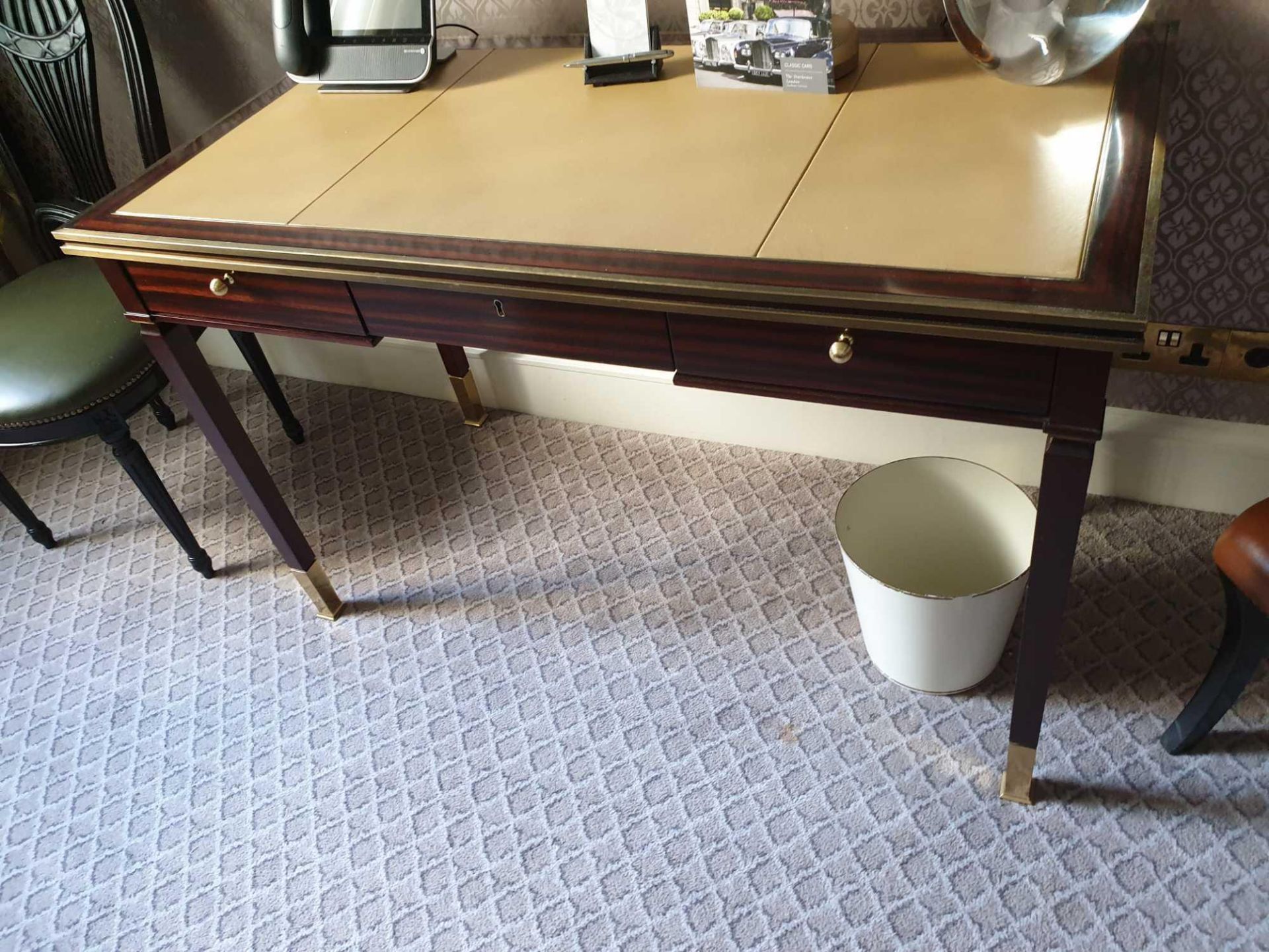 Writing Desk With Tooled Leather Inlay Faux Central Drawer Flanked By Single Drawer And Flap