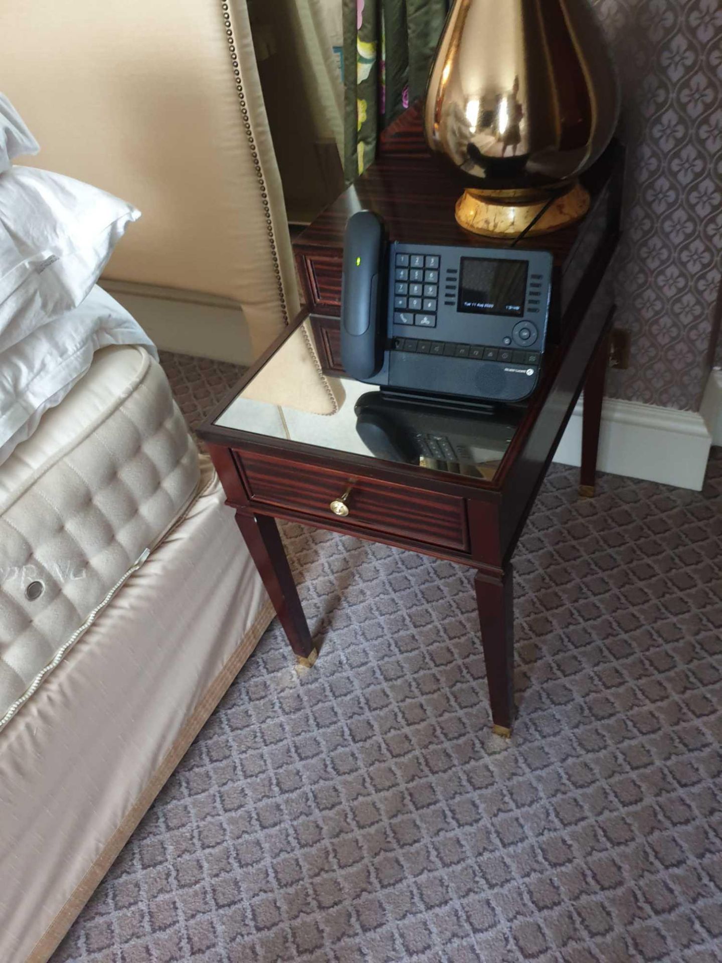 A Pair Of Two Tier Bedside Nightstands With Antiqued Plate Top With Storage Compartments Mounted - Image 2 of 2