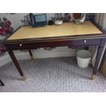 Writing Desk With Tooled Leather Inlay Faux Central Drawer Flanked By Single Drawer And Flap