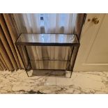 A Forged Metal Two Tier Console Table With Glass Shelves 88 x 24 x 74cm ( Room 232)