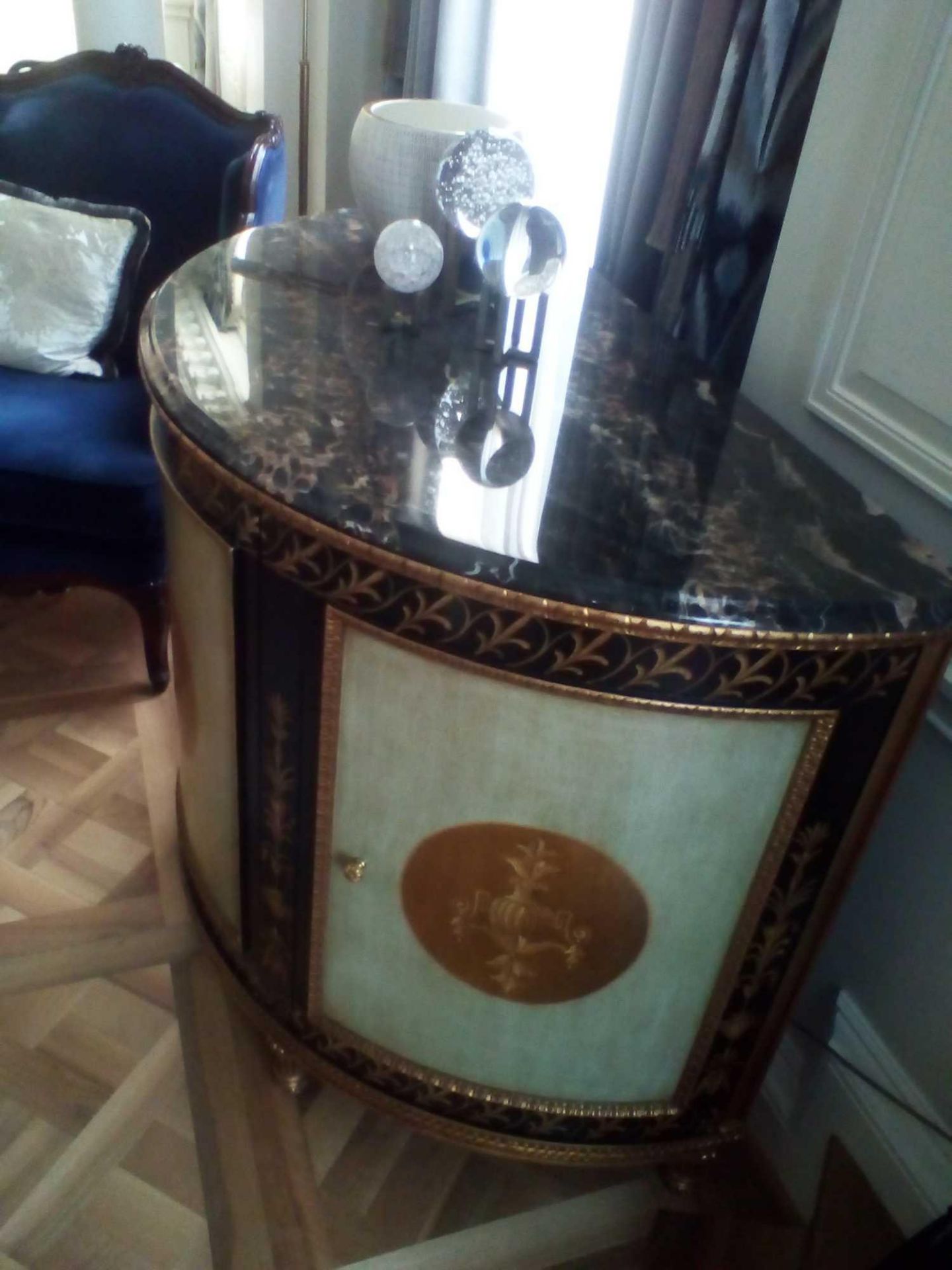 Adam Style Demilune Commode Cabinet With Classical Painted Scenes And Gilded Decoration With - Bild 2 aus 2