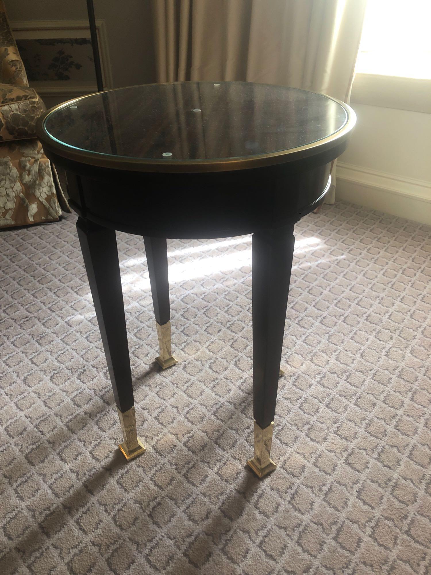 Circular Side Table With Antiqued Plate Top And Brass Trim Mounted On Tapering Legs With Brass - Image 2 of 2