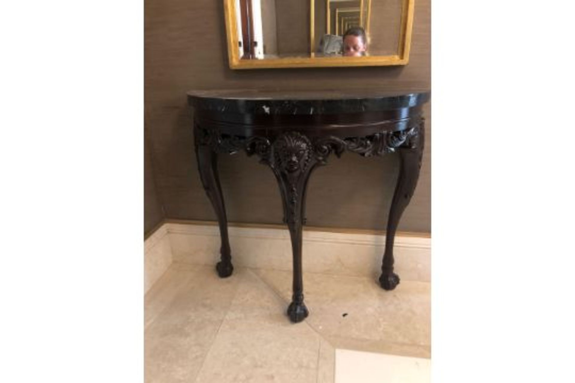 Demi Lune Console Table Wooden Table With Carved Details And Black Marble Top 85 x 39 x 78cm (Room