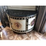 Adam Style Demilune Commode Cabinet With Classical Painted Scenes And Gilded Decoration With