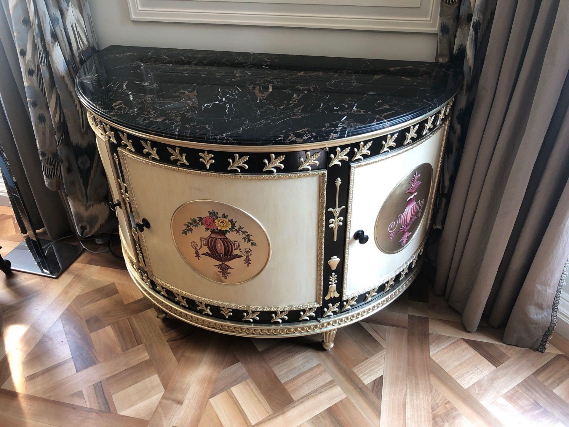 Adam Style Demilune Commode Cabinet With Classical Painted Scenes And Gilded Decoration With