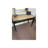 Writing Desk High Gloss Ebony Wood With Tooled Leather Inlay Faux Central Drawer Flanked By Single