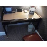 Writing Desk With Tooled Leather Inlay Faux Central Drawer Flanked By Single Drawer And Flap