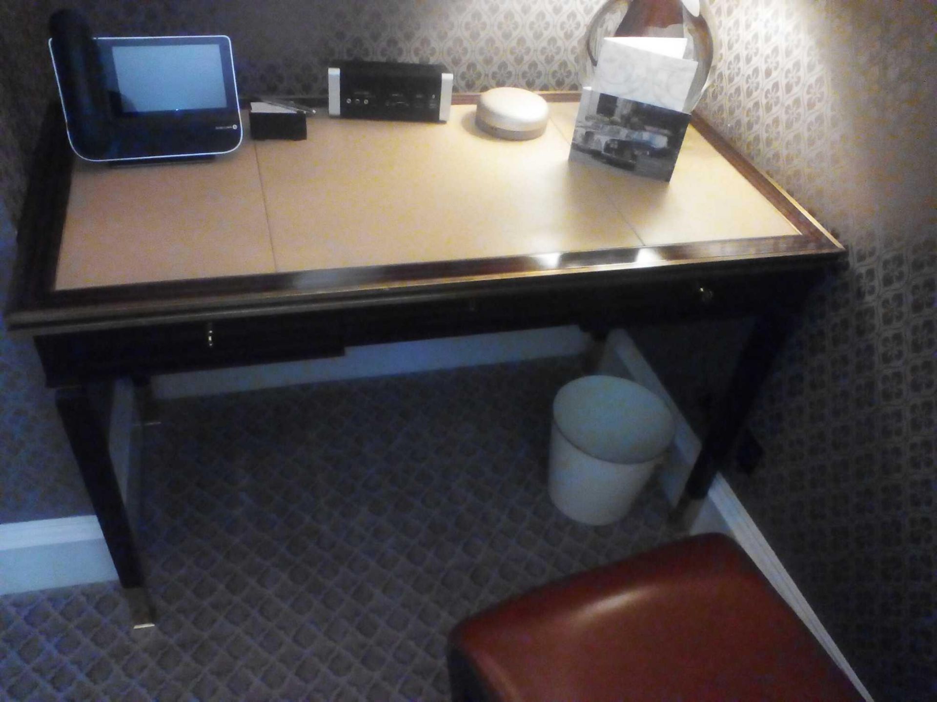 Writing Desk With Tooled Leather Inlay Faux Central Drawer Flanked By Single Drawer And Flap