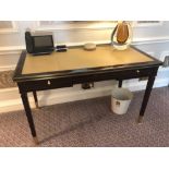 Writing Desk High Gloss Ebony Wood With Tooled Leather Inlay Faux Central Drawer Flanked By Single