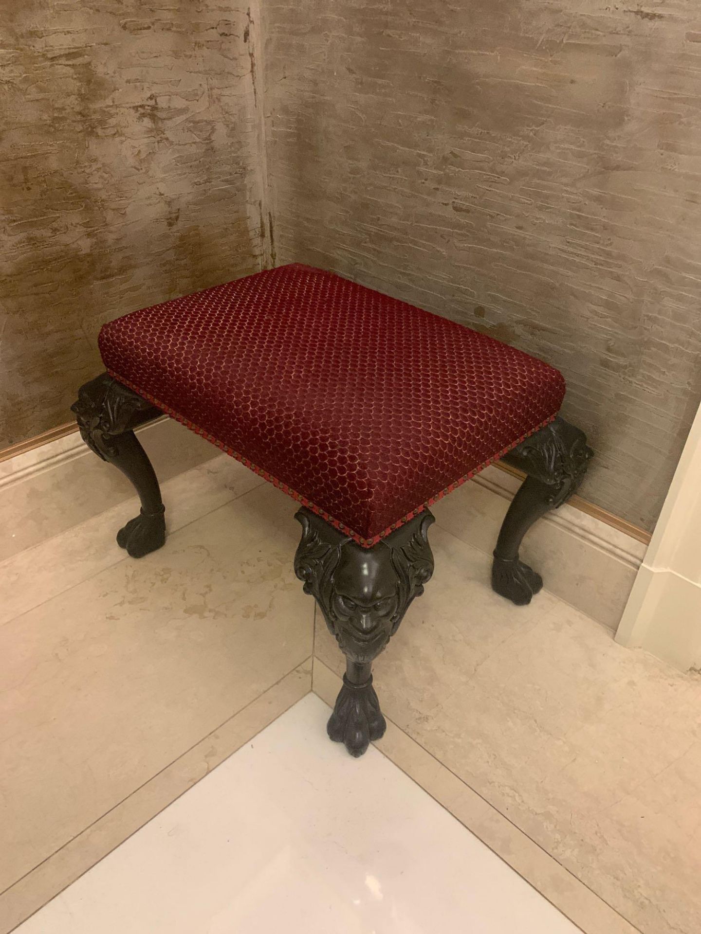 Hall Bench Upholstered Red Seat Pad With Nail Head Trim On Mask Knuckle Cabriole Legs Terminating In