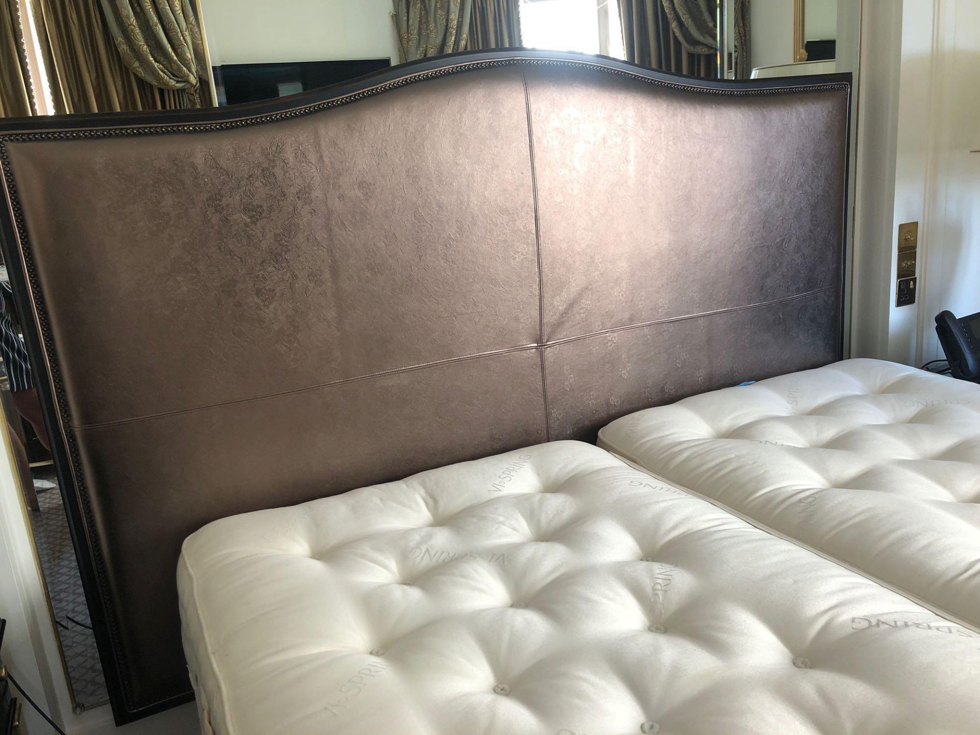 Headboard, Handcrafted With Nail Trim And Padded Textured Woven Upholstery (Room 201)