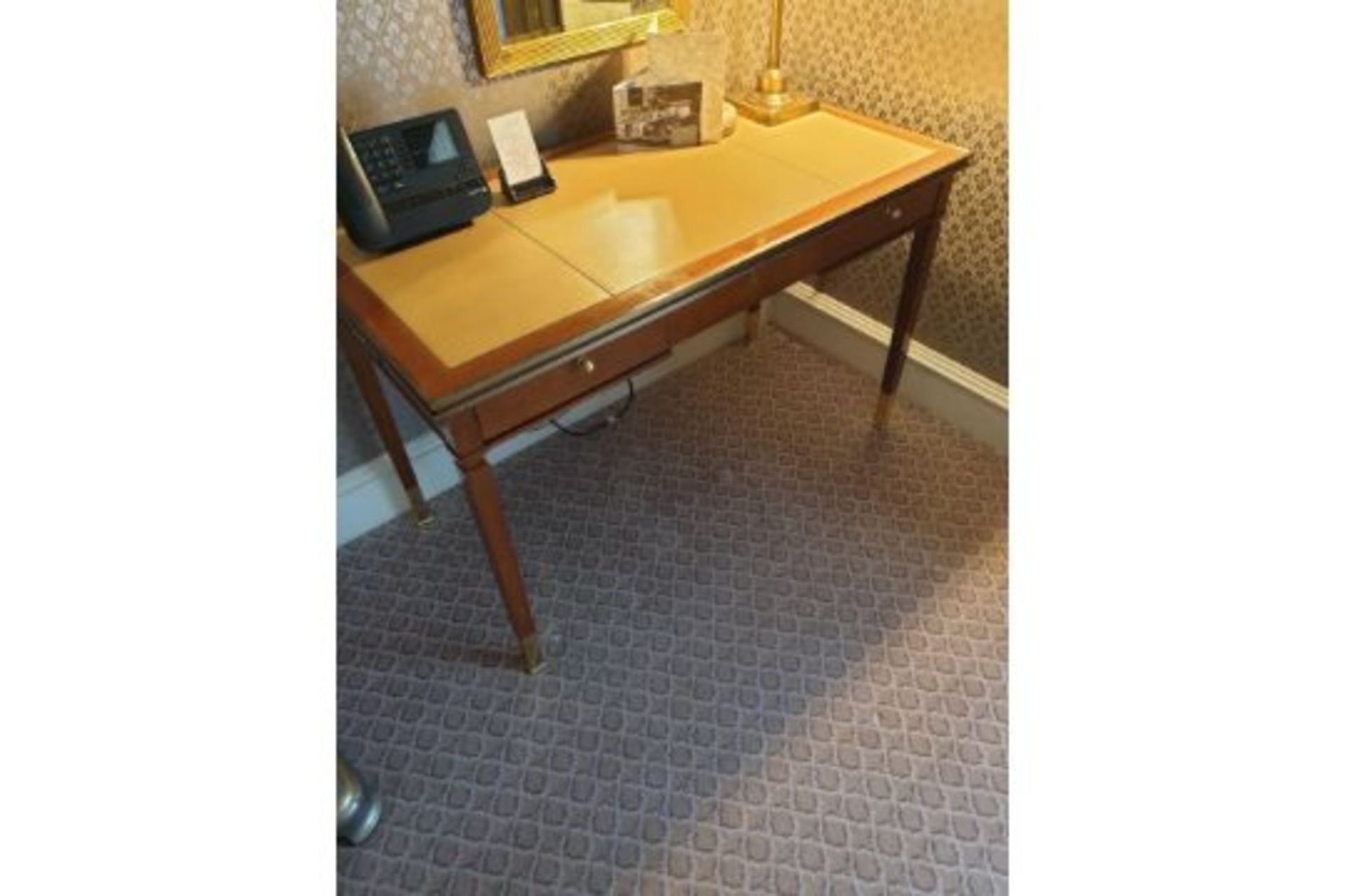 Writing Desk High Gloss Ebony Wood With Tooled Leather Inlay Faux Central Drawer Flanked By Single