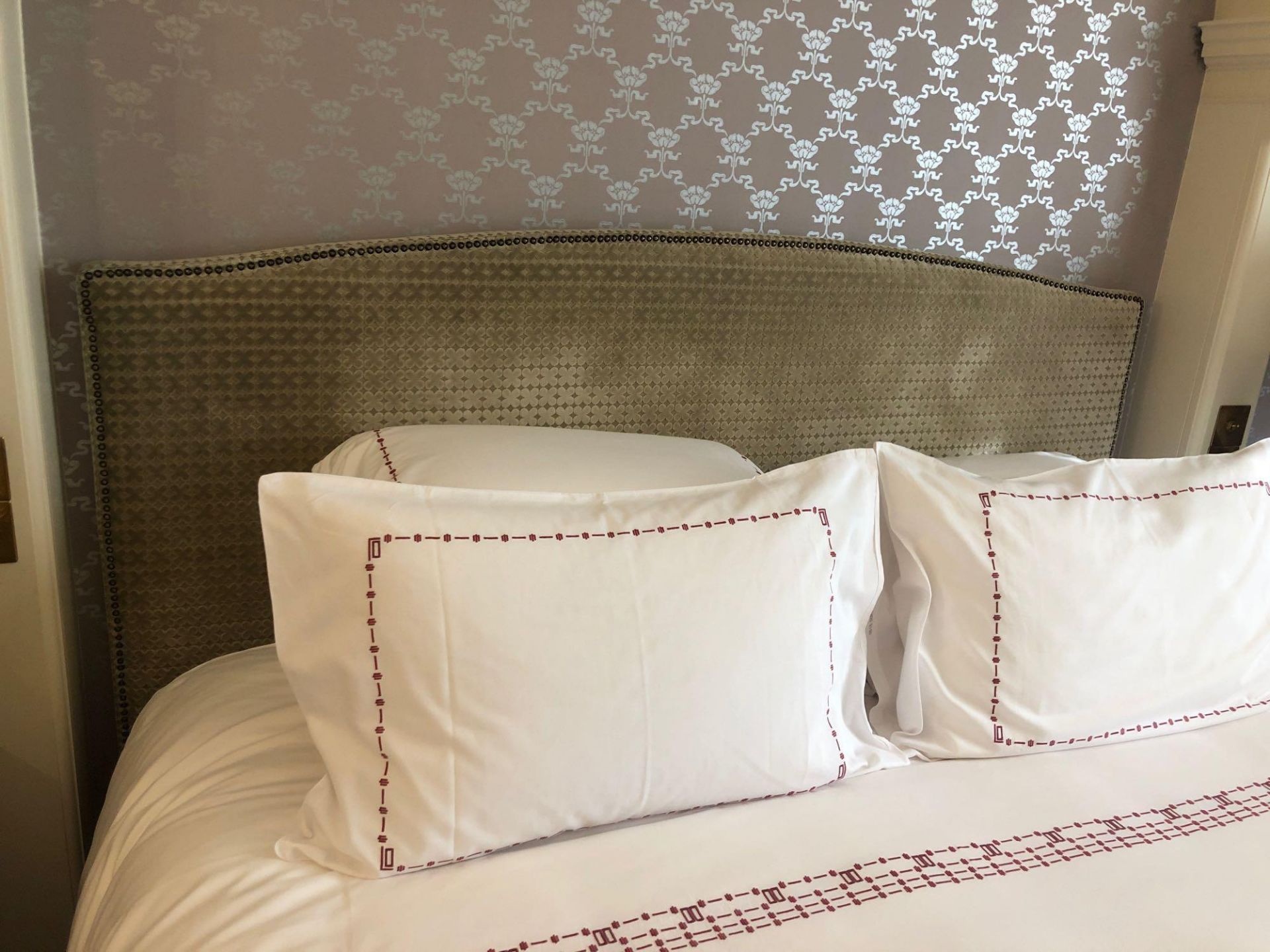 Headboard, Handcrafted With Nail Trim And Padded Textured Woven Upholstery (Room 231)
