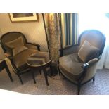 A Pair Of Bergere Chairs Black Wood Frame Upholstered In A Dark Pattern With Stud Pin Detail 66 x 55