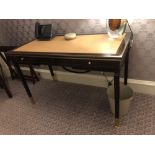 Writing Desk High Gloss Ebony Wood With Tooled Leather Inlay Faux Central Drawer Flanked By Single