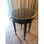 Circular Side Table With Antiqued Plate Top And Brass Trim Mounted On Tapering Legs With Brass