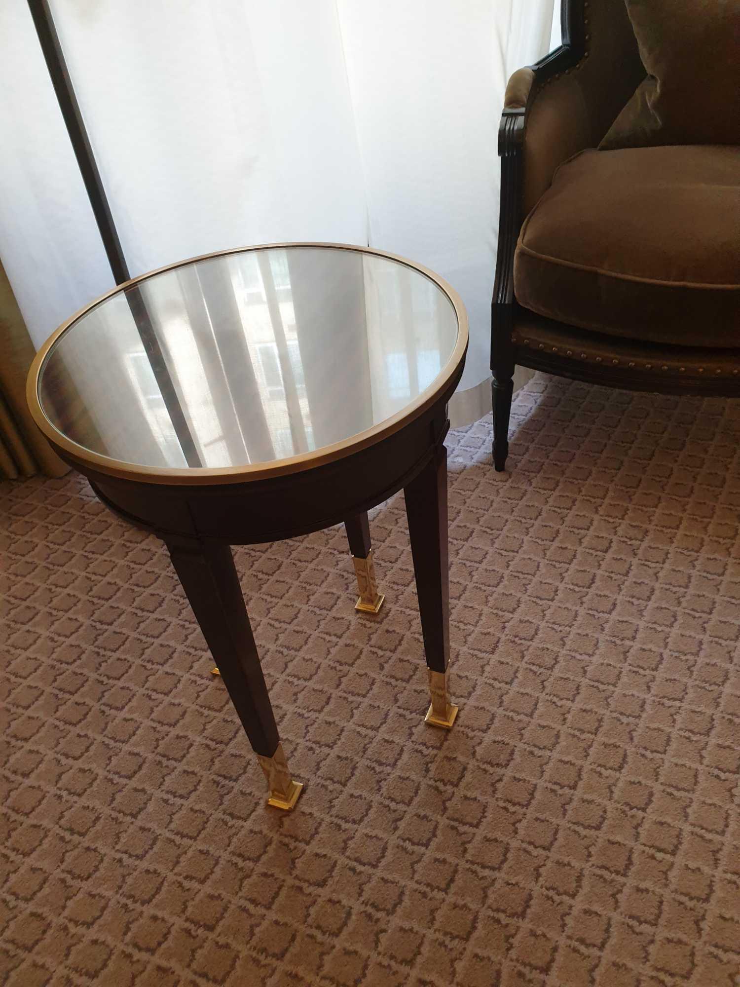 Circular Side Table With Antiqued Plate Top And Brass Trim Mounted On Tapering Legs With Brass - Image 2 of 2