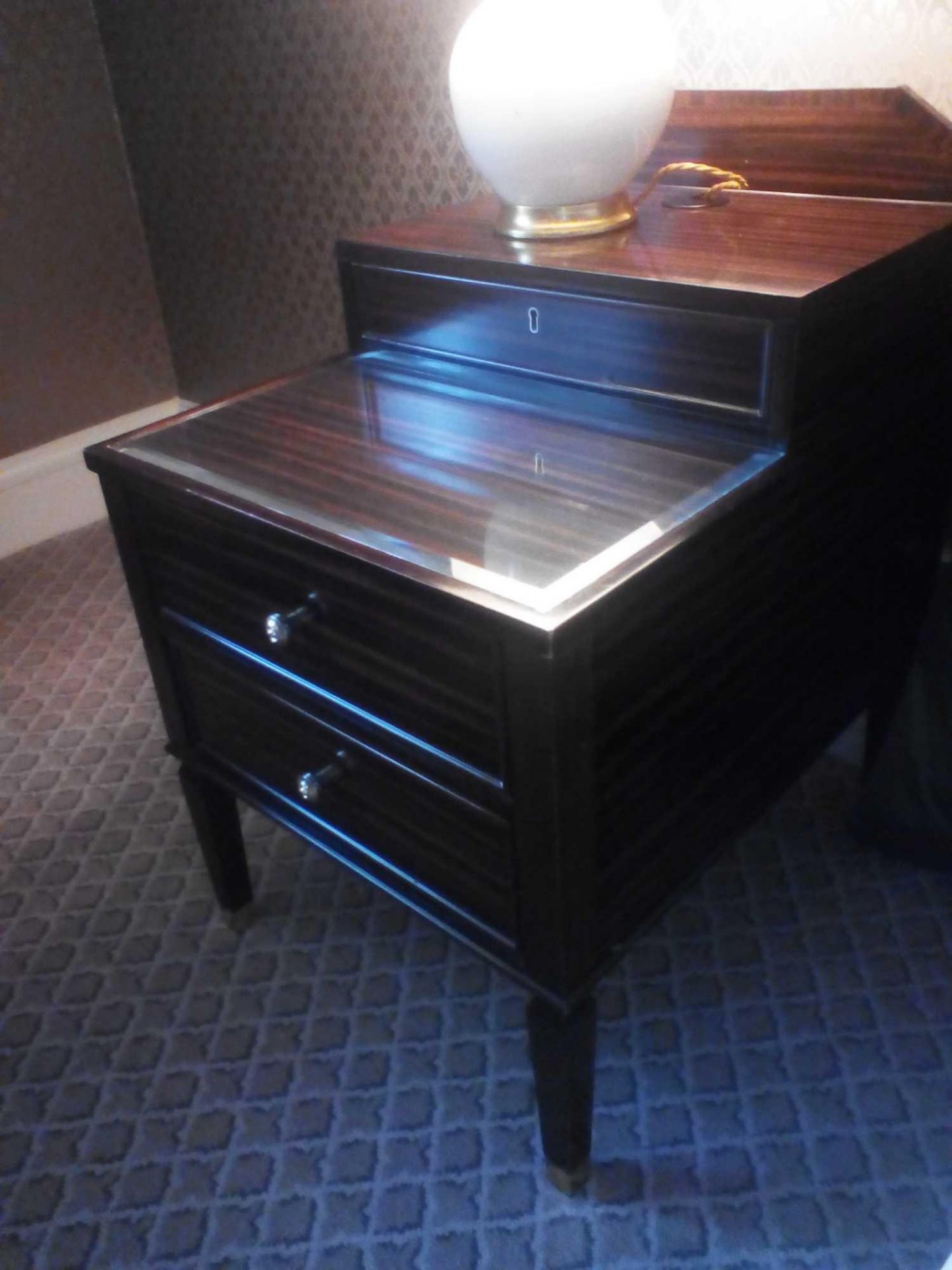 A Pair Of Two Tier Bedside Nightstands With Antiqued Plate Top With Storage Compartments Mounted - Image 2 of 2