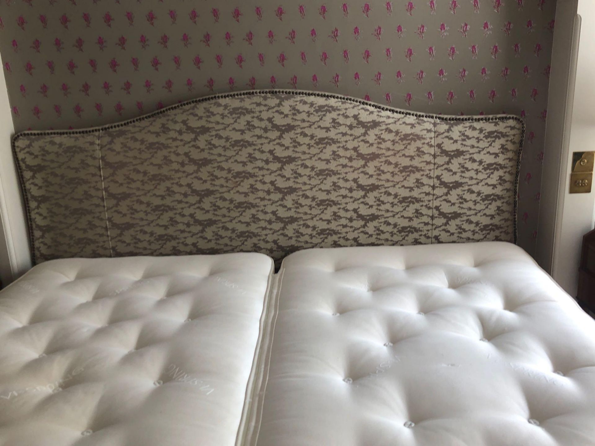 Headboard, Handcrafted With Nail Trim And Padded Textured Woven Upholstery (Room 237)