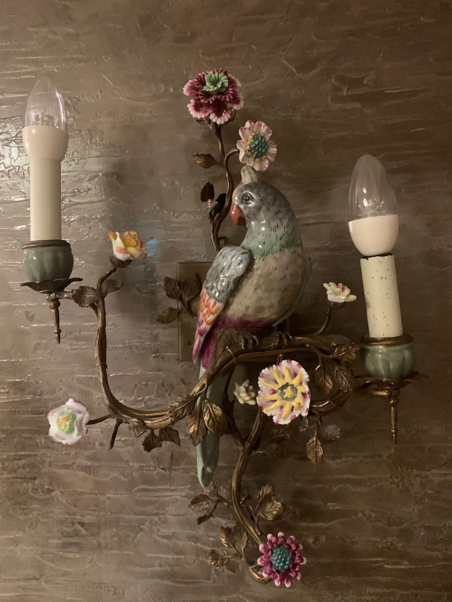 French Gilt Metal And Porcelain Twin Light Parrot Wall Appliques Featuring Delicate Porcelain - Image 2 of 3