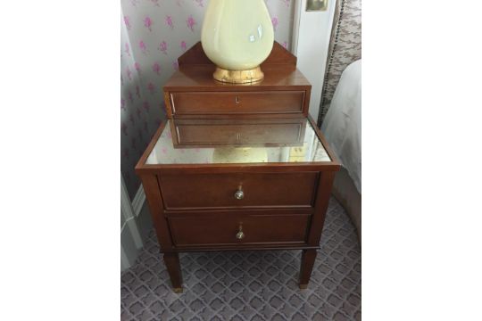 A Pair Of Two Tier Bedside Nightstands With Antiqued Plate Top With Storage Compartments Mounted