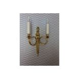 A Pair Of Dore Bronze Dore Twin Arm Wall Sconces, The Scrolling Arms With Trumpet Bobeche Drip