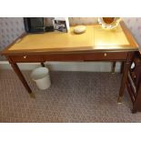 Writing Desk With Tooled Leather Inlay Faux Central Drawer Flanked By Single Drawer And Flap