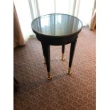 Circular Side Table With Antiqued Plate Top And Brass Trim Mounted On Tapering Legs With Brass