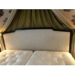 Headboard, Handcrafted With Nail Trim And Padded Textured Woven Upholstery With Cream Silk Coronet