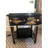 A Pair Of Marble Top Chinoiserie Black Lacquer Nightstands With Single Drawer With Painted Detailing