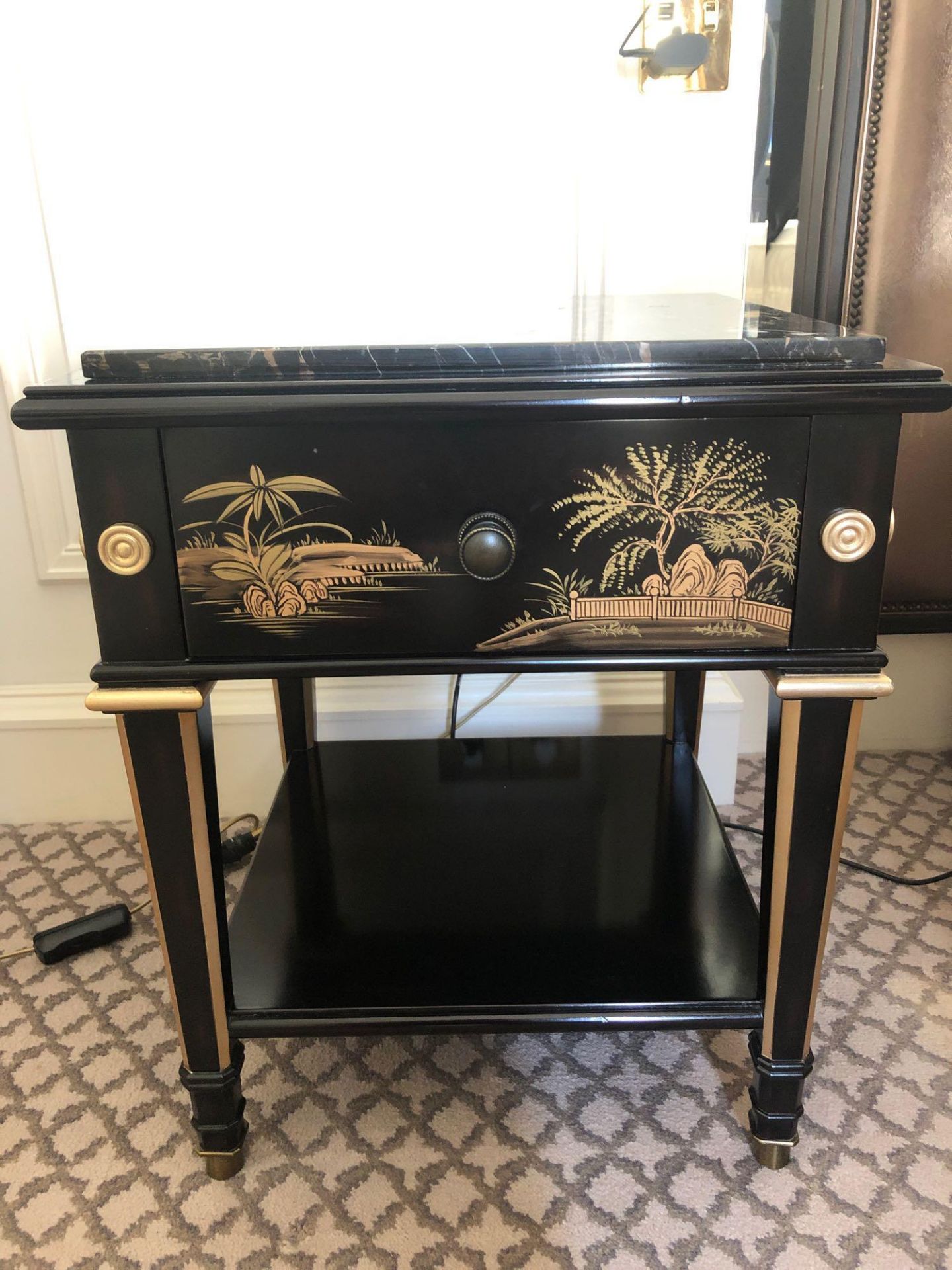 A Pair Of Marble Top Chinoiserie Black Lacquer Nightstands With Single Drawer With Painted Detailing