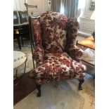 Upholstered Wingback Fireside Chair In A Damask Light Pink Fabric With Golden Leaf Pattern With