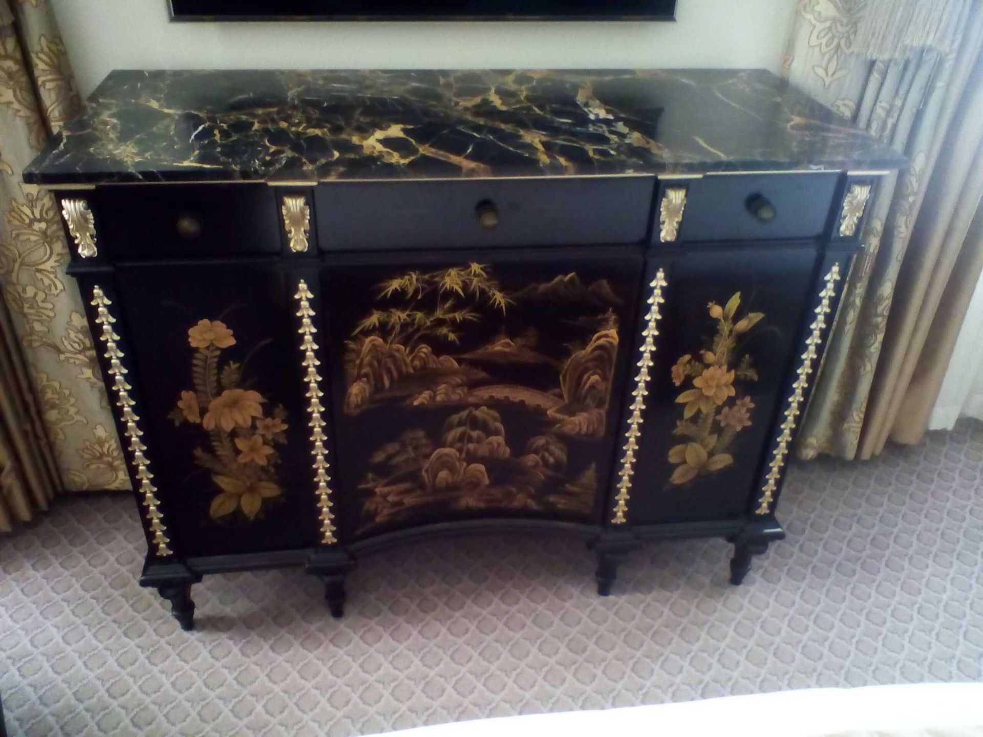 Black Lacquer Hand Decorated Chinoiserie Serpentine Commode By Restall Brown And Clennell The Six