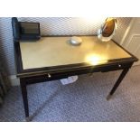 Writing Desk High Gloss Ebony Wood With Tooled Leather Inlay Faux Central Drawer Flanked By Single