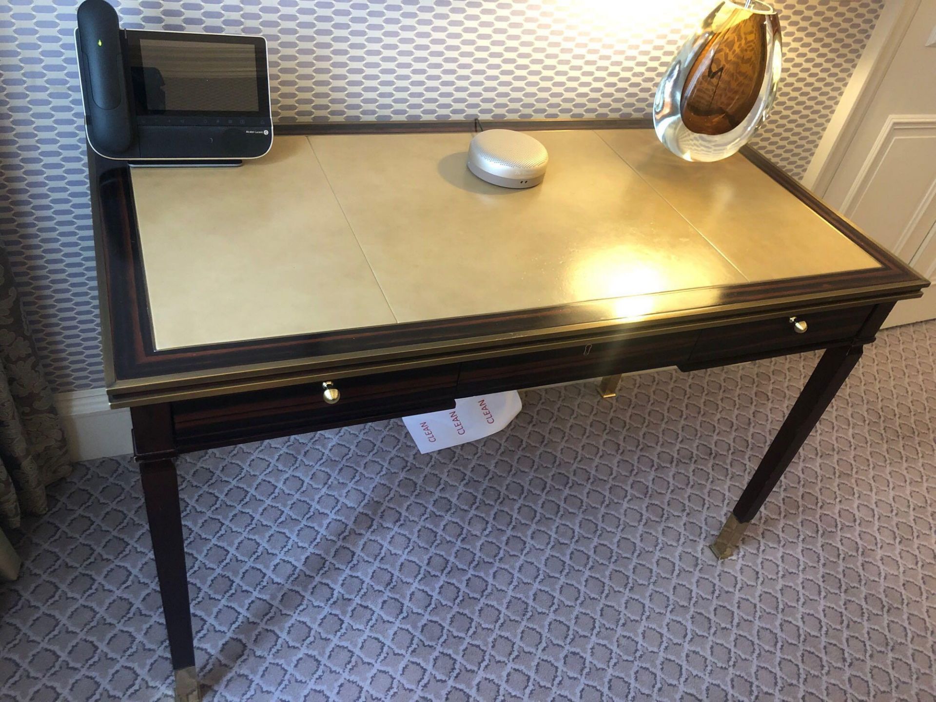 Writing Desk High Gloss Ebony Wood With Tooled Leather Inlay Faux Central Drawer Flanked By Single