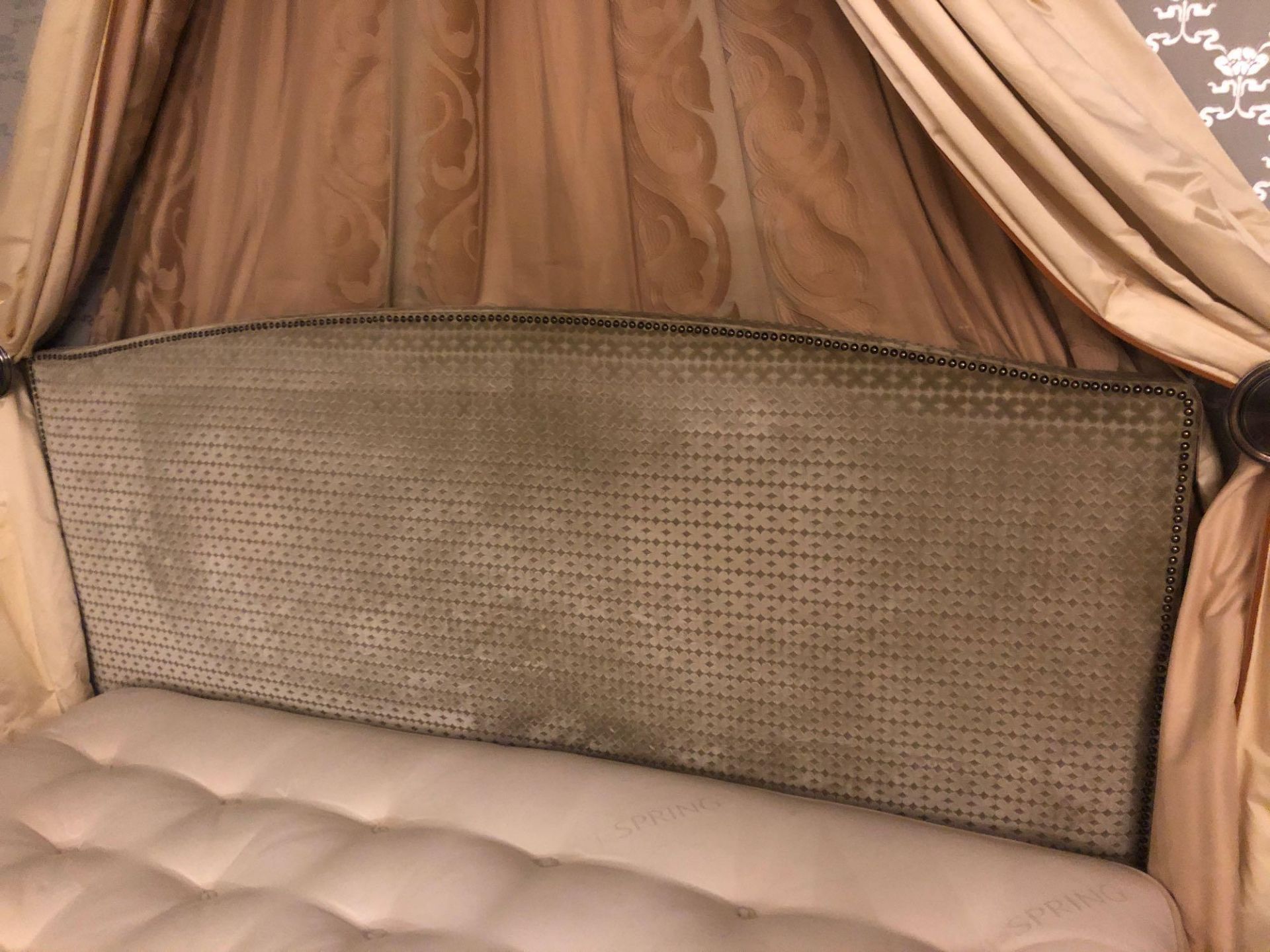 Headboard, Handcrafted With Nail Trim And Padded Textured Woven Upholstery With Gold Pelmet