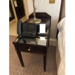 A Pair Of Two Tier Bedside Nightstands With Antiqued Plate Top With Storage Compartments Mounted