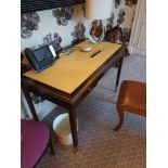 Writing Desk High Gloss Ebony Wood With Tooled Leather Inlay Faux Central Drawer Flanked By Single