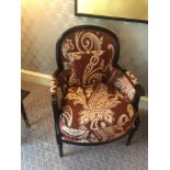 Bergere Chair Black Wood Frame Upholstered In A Rust Red And Cream Damask Pattern With Stud Pin